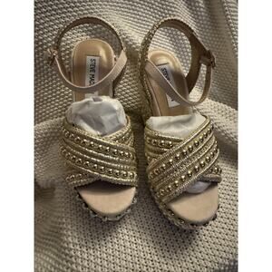 Steve Madden Juniper Sandals Raffia Platform Wedge Size 6 Gold/Multi Pearls NIB